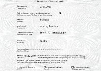 Certyfikat nr 2523 Doradca DGSA ADR